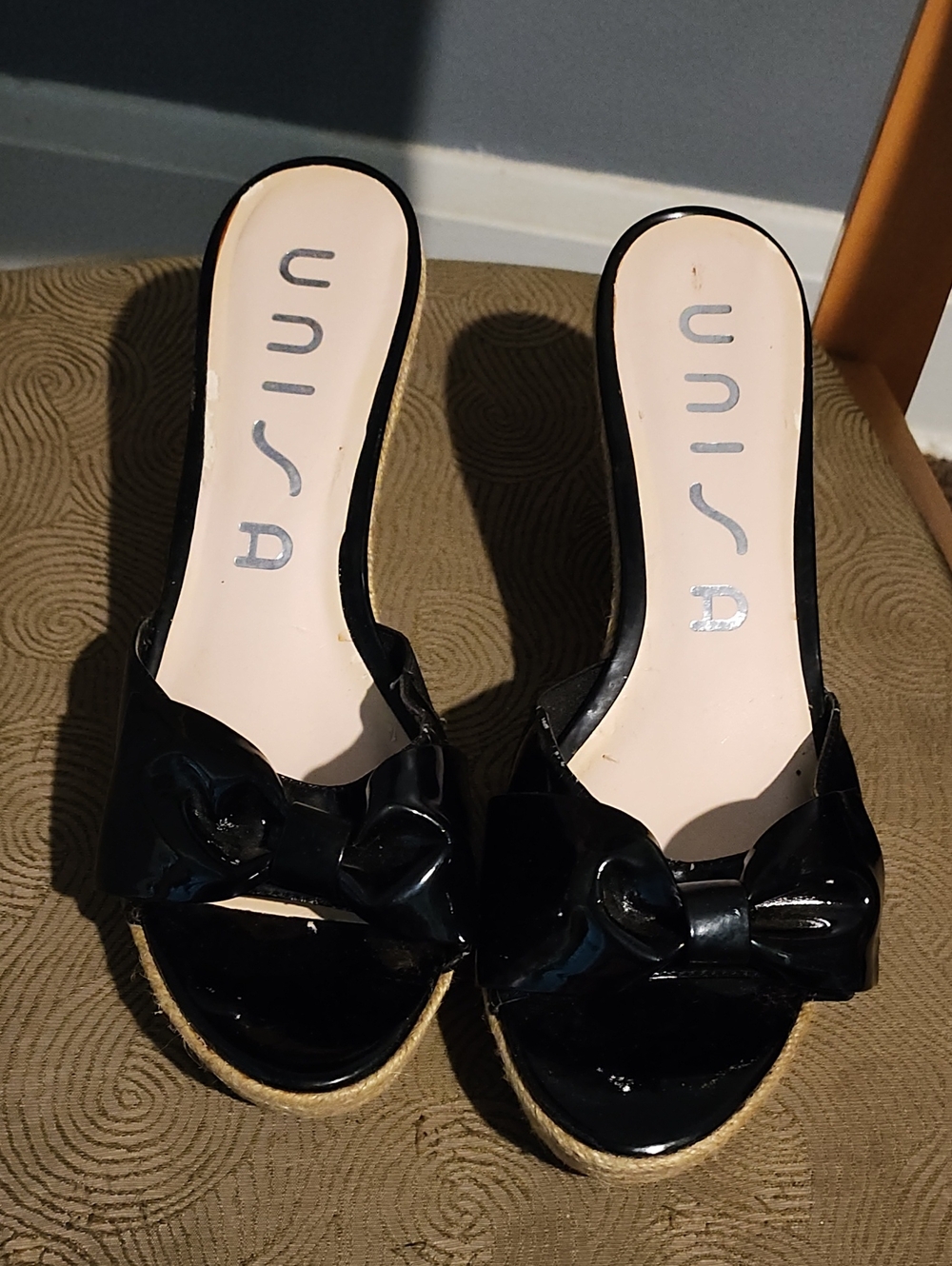 Unisa Black Patent Bow Wedge Mules